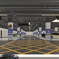 Modern Indoor Parking Garage With White Pillars Blue Zone Signs And Yellow Lines