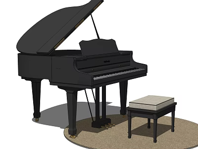 Black Grand Piano With Matching Bench On Round Rug For Home Decor 3d model