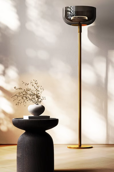 Modern Floor Lamp With Black Base White Vase And Green Plants Casting Light Shadow 3d model