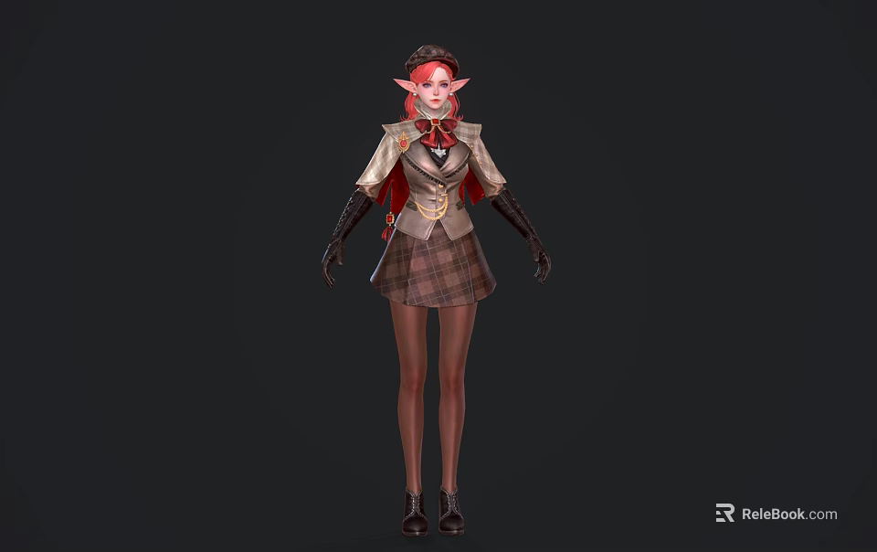 Pink Haired Elf Character Wearing School Uniform Coat Plaid Skirt Stockings And Shoes 3d model 