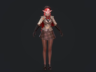 Pink Haired Elf Character Wearing School Uniform Coat Plaid Skirt Stockings And Shoes 3d model