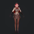 Pink Haired Elf Character Wearing School Uniform Coat Plaid Skirt Stockings And Shoes