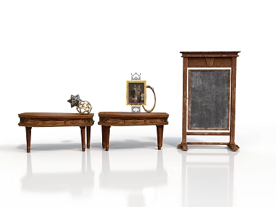 Vintage Wooden Furniture Including Two Side Tables And Blackboard Cabinet With Decorative Items 3d model