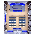 Spacious Conference Hall With Rows Of Seats Stage Blue Screens And Banners