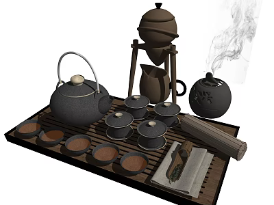 Traditional Tea Set With Teapot Teacups Wooden Tray Strainer Stand And Steaming Teacaddy 3d model