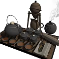 Traditional Tea Set With Teapot Teacups Wooden Tray Strainer Stand And Steaming Teacaddy