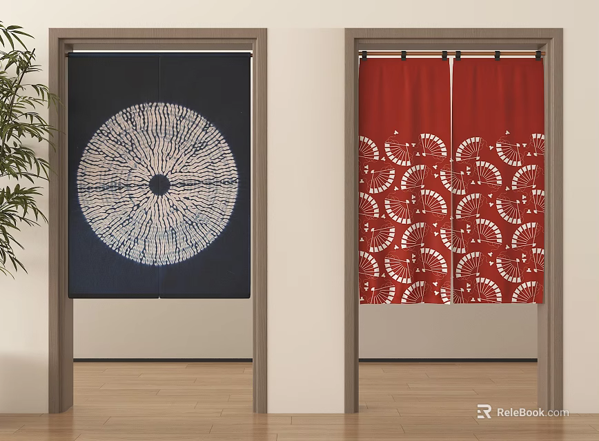 Dark Blue And Red Door Curtains With White Circular And Fan Shaped Patterns 3d model 
