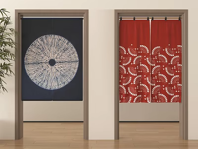 Dark Blue And Red Door Curtains With White Circular And Fan Shaped Patterns 3d model