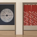 Dark Blue And Red Door Curtains With White Circular And Fan Shaped Patterns