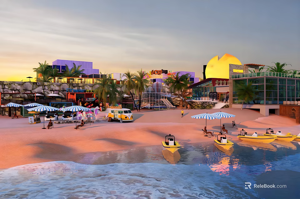 Sunset Waterfront Landscape with Blue White Striped Umbrellas Yellow Boats Palm Trees and Modern Buildings 3d model 