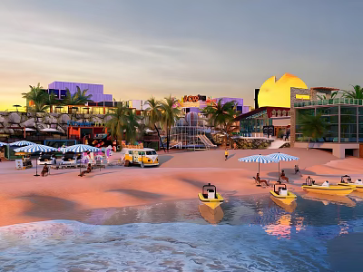 Sunset Waterfront Landscape with Blue White Striped Umbrellas Yellow Boats Palm Trees and Modern Buildings 3d model