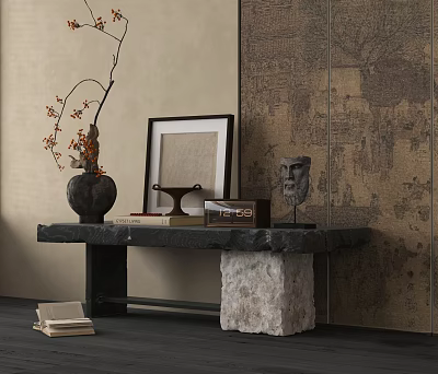Traditional Console Table With Black Top Stone Base Vase Framed Art And Sculpture 3d model