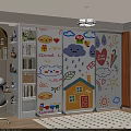 Kids Study Room With Cartoon Stickers Sliding Door Bookshelf And Decorative Furniture