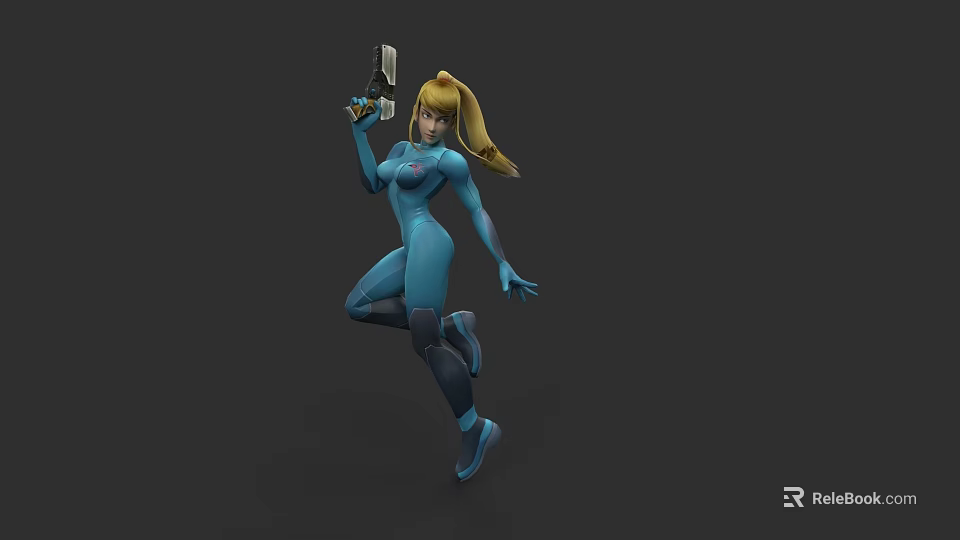 Game Character In Blue Bodysuit With Blonde Ponytail Holding Weapon In Dynamic Pose 3d model 