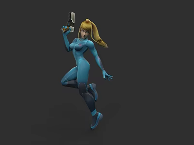 Game Character In Blue Bodysuit With Blonde Ponytail Holding Weapon In Dynamic Pose 3d model