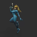 Game Character In Blue Bodysuit With Blonde Ponytail Holding Weapon In Dynamic Pose
