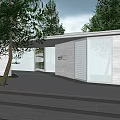 Modern Garden Landscape With Gray Walls Paved Ground Green Lawn Trees And Blue Art Installations