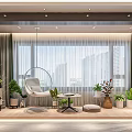 Home Balcony Design With White Hanging Chair Green Plants Small Coffee Table And City View