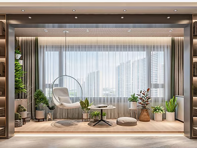 Home Balcony Design With White Hanging Chair Green Plants Small Coffee Table And City View 3d model