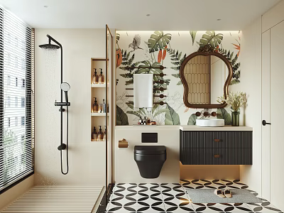Modern Bathroom Interior Featuring Shower Black Toilet Vanity Mirror Tropical Wallpaper And Geometric Tiles 3d model