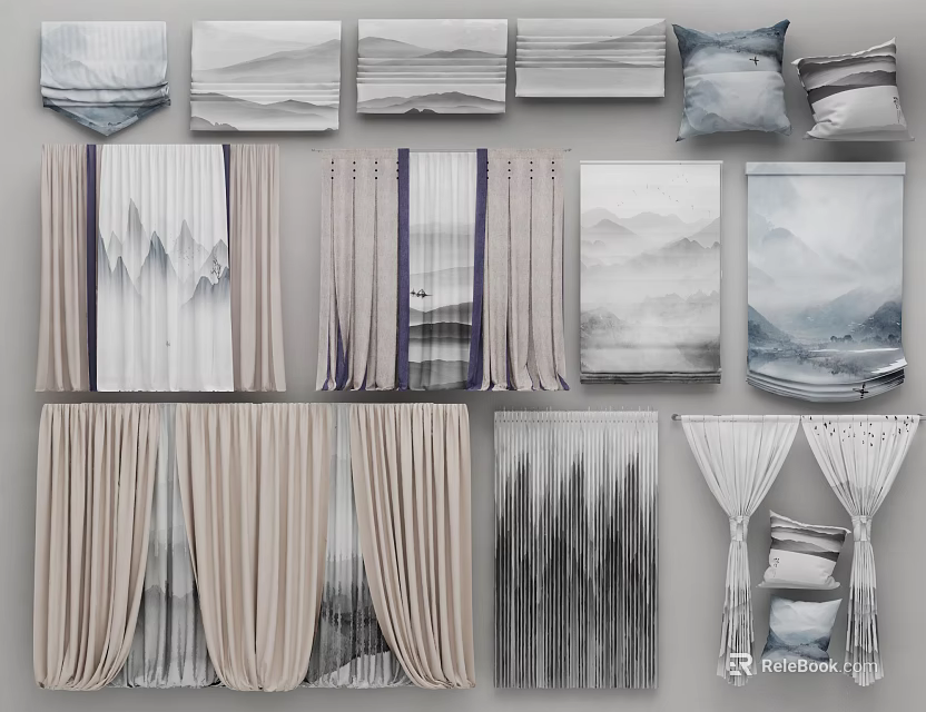 Stylish Modern Curtains With Mountain Patterns Gradient Colors And Matching Cushions 3d model