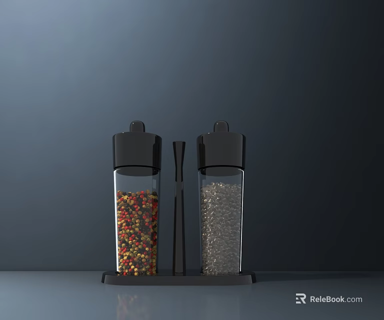 Spice Jars With Black Lids Transparent Bodies And Red Colorful Silver Granules On Black Base 3d model 