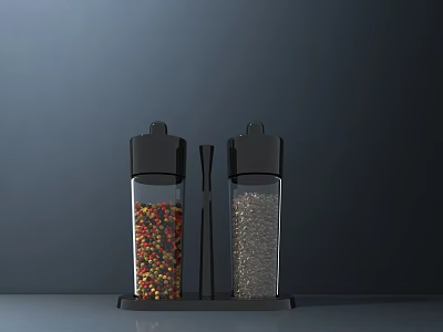 Spice Jars With Black Lids Transparent Bodies And Red Colorful Silver Granules On Black Base 3d model