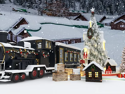 Festive Christmas Train Scene With Snowy Landscape Small Houses Decorated Tree And Wooden Cabins 3d model