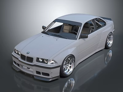 White BMW Two Door Coupe With Lowered Stance And Large Alloy Wheels 3d model