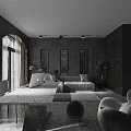 Modern Living Dining Room Dark Tones Open Concept Marble Table Sofa Art Sculpture Large Windows