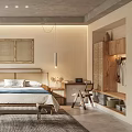 Minimalist Natural Bedroom Interior With Rattan Headboard Two Panel Paintings Nightstand Pendant Light And Rug