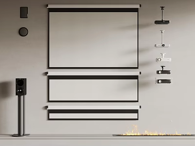 Rollable Projection Screen And Multiple Surveillance Cameras Wall Mounted Indoor Setup With Speaker 3d model