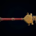 Ancient Ornamental Sword With Intricate Gold And Black Patterns And Red Handle