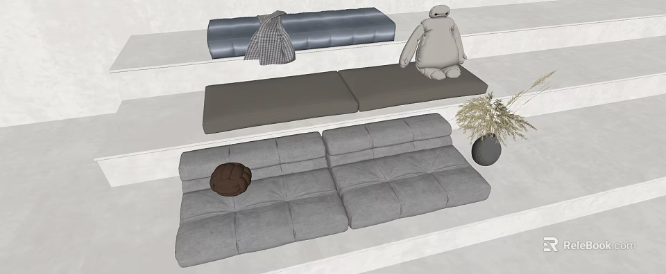 Modern Interior Scene With Gray Sofa Blue Bench White Doll Brown Bag And Potted Plant 3d model 