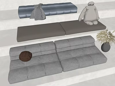 Modern Interior Scene With Gray Sofa Blue Bench White Doll Brown Bag And Potted Plant 3d model