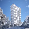 Modern High Rise Residential Building with Geometric Balconies Surrounded by Green Trees and Plants