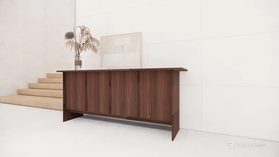 Walnut Entryway Console Table with Vase Dried Flowers and White Wall Staircase 3d model 