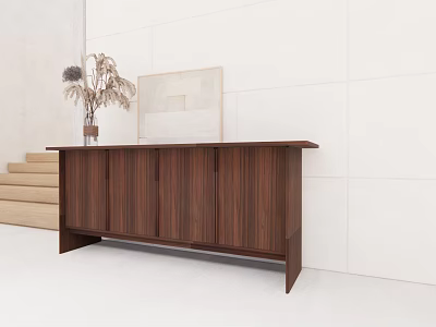 Walnut Entryway Console Table with Vase Dried Flowers and White Wall Staircase 3d model