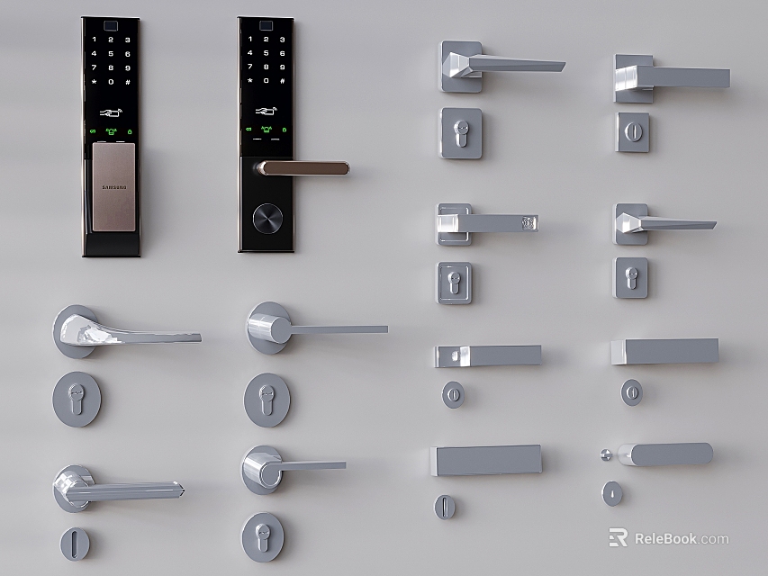 Various Modern Door Handles And Smart Locks With Metal Construction And Keyholes 3d model 