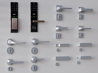 Various Modern Door Handles And Smart Locks With Metal Construction And Keyholes 3d model
