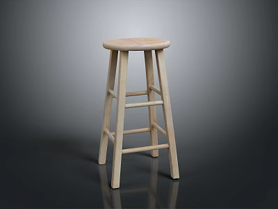 Light Wood Bar Stool With Round Seat Four Legs And Rungs On Smooth Surface 3d model