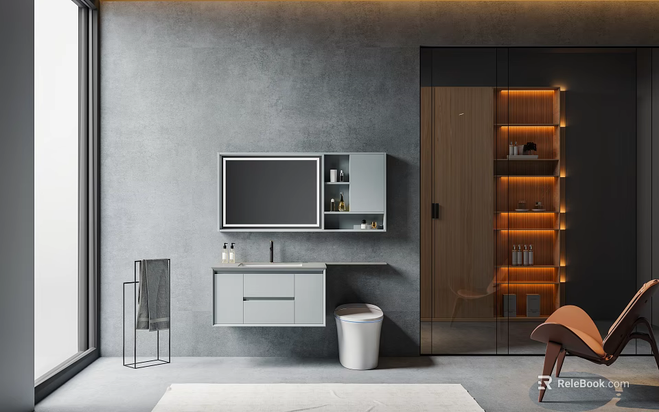 Modern Wall Mounted Bathroom Cabinet With Mirror Storage And Wooden Lighting Design 3d model 