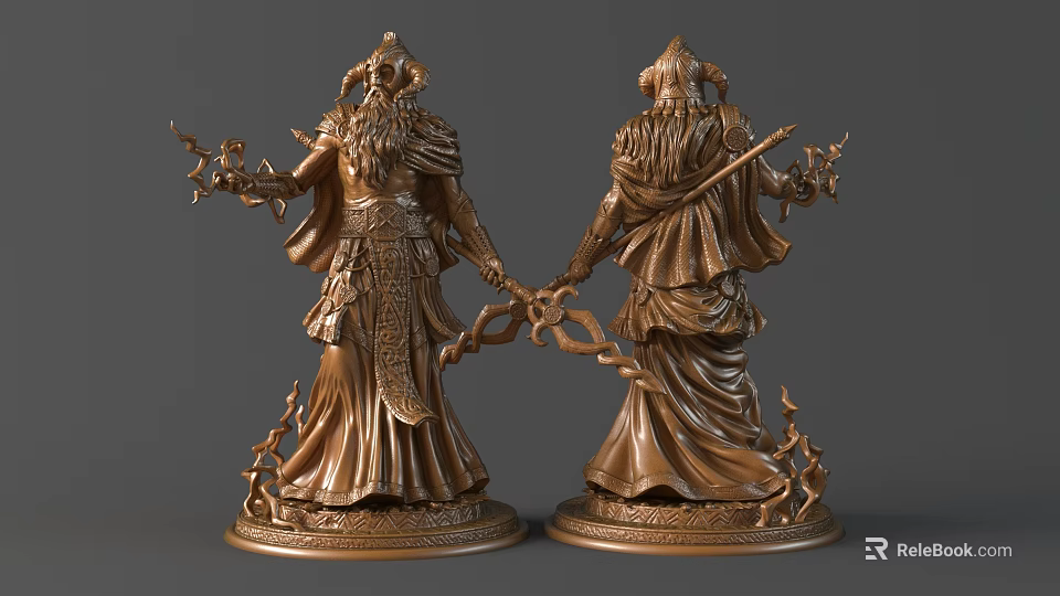 Mythical Ancient Bronze Sculptures Of Robed Figures With Long Beards Ornate Staffs And Decorative Bases 3d model 