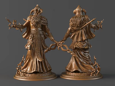 Mythical Ancient Bronze Sculptures Of Robed Figures With Long Beards Ornate Staffs And Decorative Bases 3d model