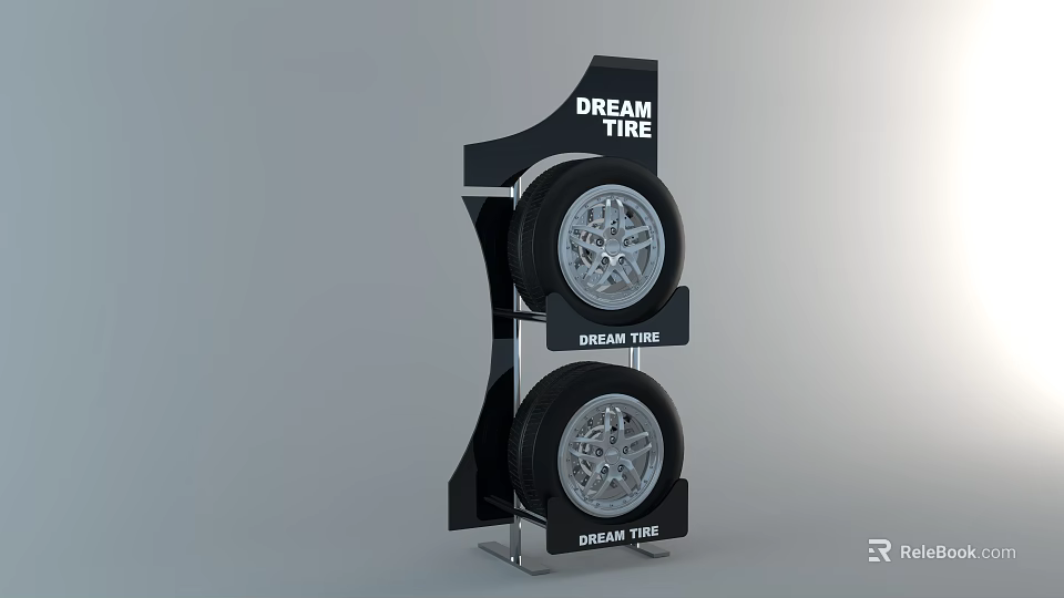 Two Dream Tire Tires Displayed on Black Stand with Brand Logo 3d model 
