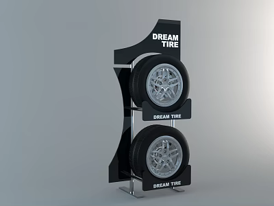 Two Dream Tire Tires Displayed on Black Stand with Brand Logo 3d model