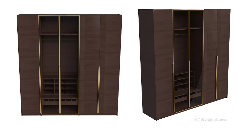 Modern Dark Brown Bookcase with Gold Accents Multiple Shelves and Cabinet Doors 3d model 