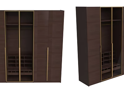 Modern Dark Brown Bookcase with Gold Accents Multiple Shelves and Cabinet Doors 3d model