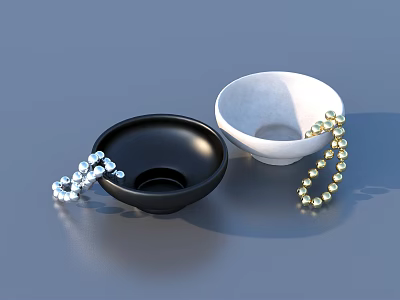 Blue and Gold Beaded Jewelry Necklaces with Black and White Display Bowls 3d model