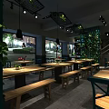 Warm Restaurant Interior With Wooden Tables Green Vines Hanging Lamps And Clay Jar